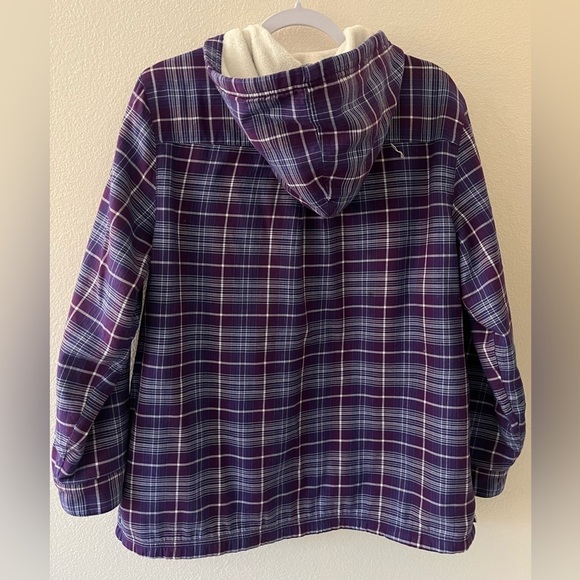 L.L. Bean Purple Plaid Hooded Fleece Lined Button Front Shirt With Pockets Large - Picture 4 of 8